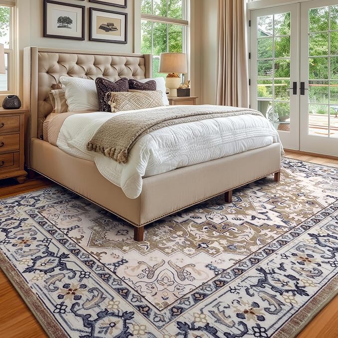 Lessymo 8 x 10 Area Rugs for Living Room- Machine Washable Area Rugs Boho Faux Wool Low Pile Area Rug for Bedroom, Floral Medallion Vintage Rugs with Non-Slip Rubber, Kid & Pet Friendly, Brown Beige