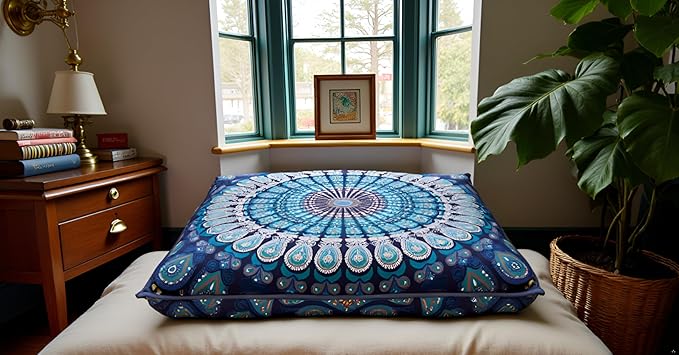 INDIAN CRAFT CASTLE 24" Blue Peacock Mandala Barmeri Large Floor Pillow Cover Cushion Meditation Seating Ottoman Throw Cover Hippie Decorative Zipped Bohemian Pouf Ottoman Pom Pom Cases 24" Square