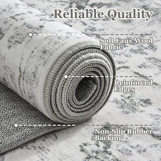 Distressed Farmhouse 5x7 Area Rugs for Living Room Bedroom Non Slip Washable, Medallion Pattern Printed Low Pile Thin Carpet Rugs for Dining Room/Kitchen/Home Office, Off White/Grey