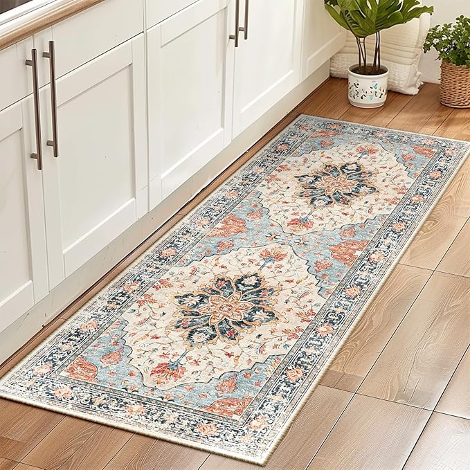 Area Rugs 2'x6' Runner Rug Non Slip Washable for Kitchen Hallway Bedroom Beside Laundry Room Bathroom Rug, Floor Carpet, Beige Navy Blue Orange Colorful