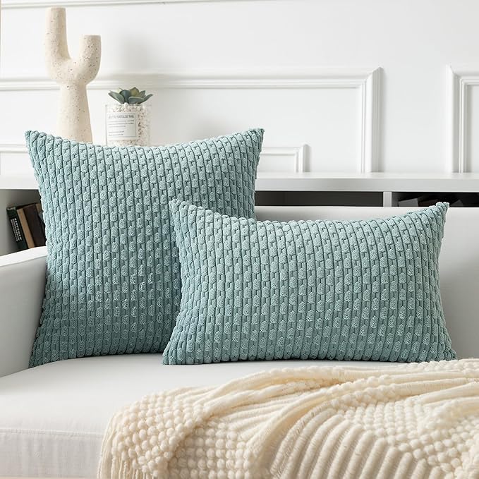 Kevin Textile 14x22 Inch Pillow Cover 1 Pack Boho Decorative Soft Striped Corduroy Lumbar Farmhouse Accent Rectangle Cushion Case for Living Room Couch Sofa Bed, Dusty Green