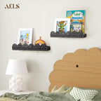 AELS Scalloped Nursery Bookshelf, Set of 2, Picture Ledge Shelf for Wall Decor, Woven Natural Fibre Floating Shelves for Books, Toys, Photo Frames, Nursery, Boho Modern Farmhouse Book Shelf, Black