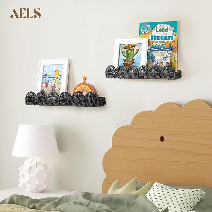AELS Scalloped Nursery Bookshelf, Set of 2, Picture Ledge Shelf for Wall Decor, Woven Natural Fibre Floating Shelves for Books, Toys, Photo Frames, Nursery, Boho Modern Farmhouse Book Shelf, Black