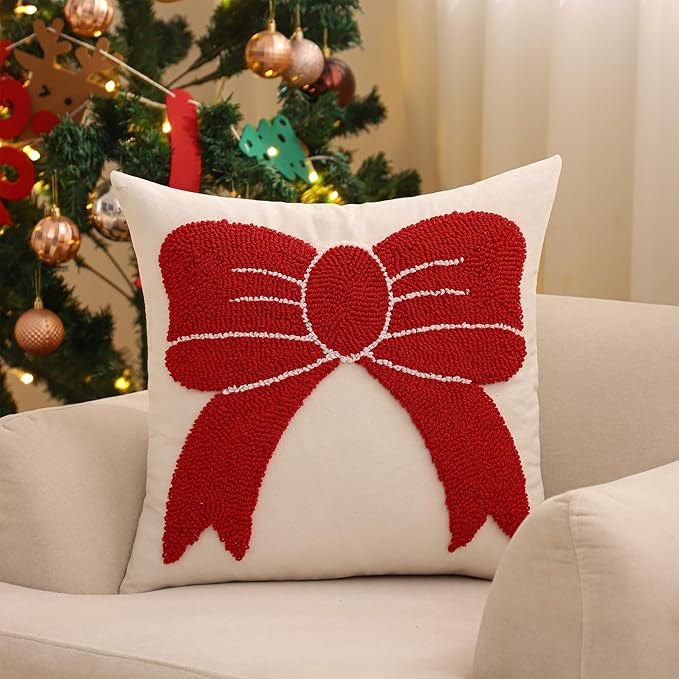 Tosleo Christmas Tufted Pillow Covers 18 x 18 inch Set of 2 Xmas Red Bow Throw Pillow Cover Party Decor Winter Holiday Embroidery Cushion Case for Sofa Couch Bed Living Room