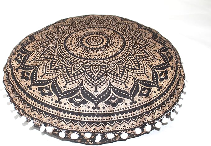 CRAFT KALA Large Round Bohemian Floor Pillow Pouf Cover Mandala Meditation Room Pillow Cover for Adults Boho Seating Poufs Cushion Cover for Kids Playroom 32" Black Gold Ombre