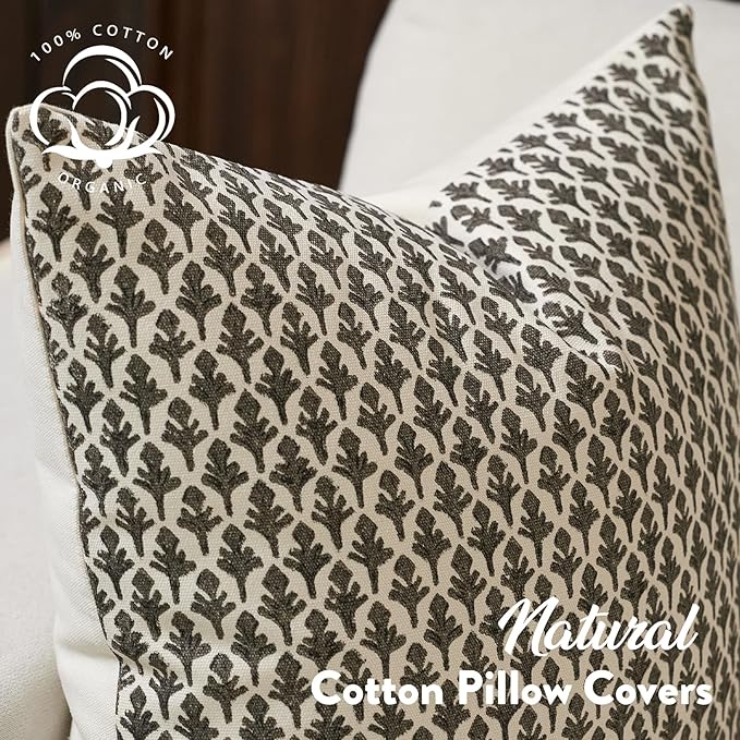 Floral Pillow Covers 18x18 Pillow Cover Block Print Couch Pillows for Living Room Decorative Neutral Accent Throw Pillow Covers, 1PC, Charcoal Black