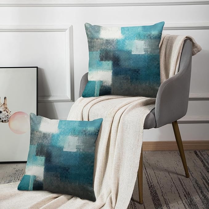 Emvency Set of 2 Turquoise White and Gray Throw Pillow Covers Modern Abstract Teal Painting Decorative Pillow Cases Home Decor Standard Square 22x22 Inches Pillowcases
