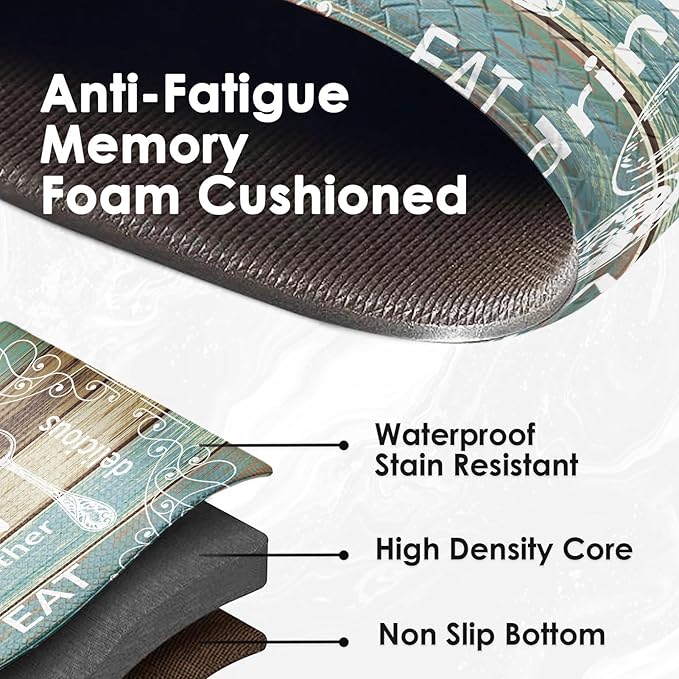 Arttown Farmhouse Teal Anti-Fatigue Kitchen Rug Set of 2 Wood Brown Black Vintage Cushioned Floor Standing Mat Waterproof Non-Slip Kitchen Mat and PVC Ergonomic Comfort Foam Rug