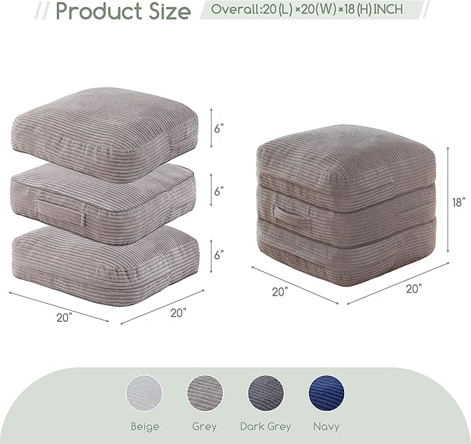 HIGOGOGO Pouf Ottoman Stuffed Square Modern Foam Filled Foot Rest Poufs 20 X 18 Inches Modular Ottomans Separated Into Floor Cushions for Living Room Chair Decorative Stool, Grey