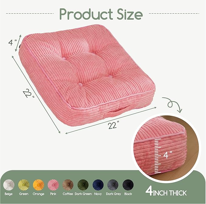 HIGOGOGO Floor Pillow Cushion for Adults, Meditation Cushion Pillow, Large Square Floor Sitting, Tufted Corduroy Cover, for Tatami Living Room or Yoga, 22x22 Inch, 2Pack, Pink