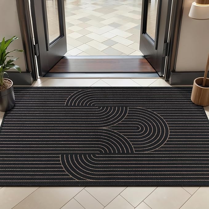 Tangsoo Rainbow Easy Jute Rug 2x4 Small Throw Rugs for Entryway,Washable Ultra Thin Outdoor Door Mat, Black Geometric Non-Slip Indoor Floor Carpet for Entrance Kitchen Hallway Bedroom Front Porch
