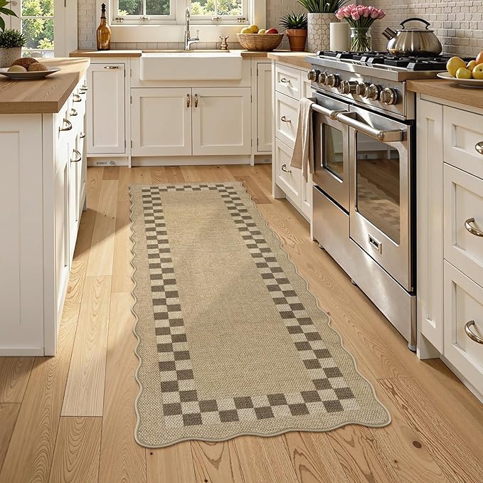 LIVEBOX Easy Jute Checkered Runner Rug for Kitchen, Scalloped Washable 2x6 Tan Rugs for Entryway, Geometric Indoor Outdoor Non Slip Rug Farmhouse Carpet Door Mat Area Rug for Porch Bedroom Hallway
