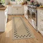 LIVEBOX Easy Jute Checkered Runner Rug for Kitchen, Scalloped Washable 2x6 Tan Rugs for Entryway, Geometric Indoor Outdoor Non Slip Rug Farmhouse Carpet Door Mat Area Rug for Porch Bedroom Hallway