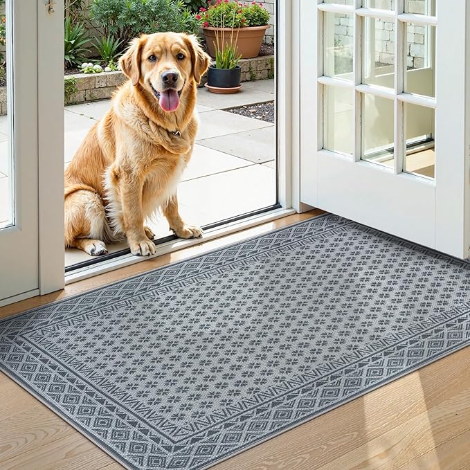 LIVEBOX Easy Jute Indoor Outdoor Rug 3x5 Front Porch, Gray Washable Outdoor Rugs for Entryway, Non Slip Geometric Area Rug for Living Room, Carpet Door Mat for Entry Front Door Patio Kitchen Bedroom