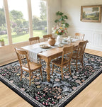 6x9 Area Rugs for Living Room: Floral Washable Rug Vintage Large Soft Boho Non-Slip Carpet Indoor Stain Resistant Thin Carpets for Bedroom Dining Room Farmhouse Nursery Hallway Home Office Dark Black