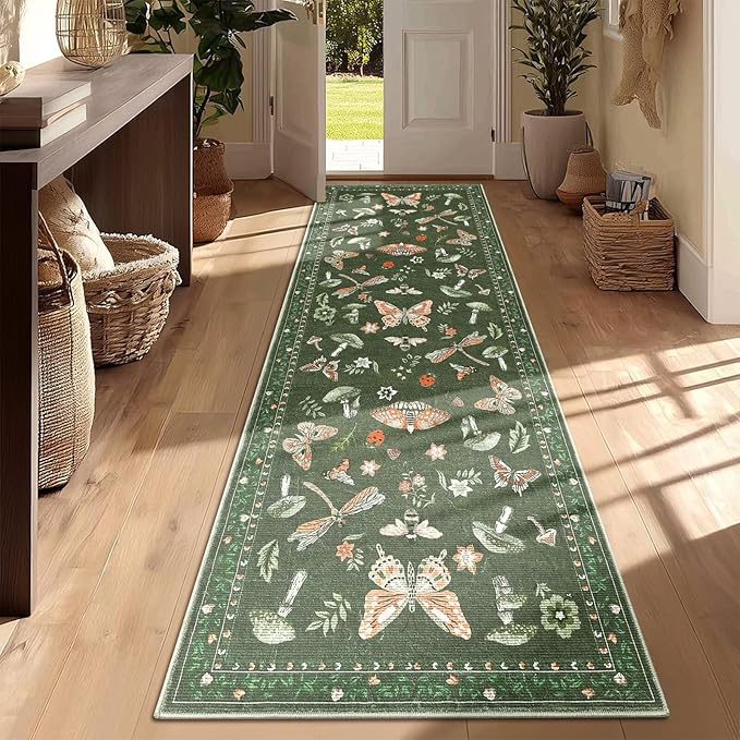 Mushroom Whimsical Cottage Core Small Rug 2x3 Washable Door Mat Indoor Rugs for Entryway Non-Slip Soft Insect Bug Butterfly Funky Decor for Bedroom Kitchen Olive Green