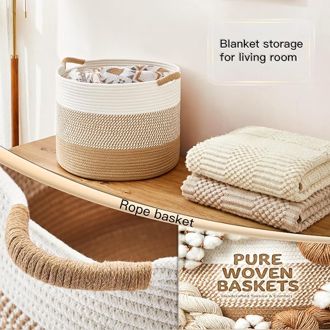 40L Large Cotton Rope Basket, Decorative Woven Blanket Storage for Living Room, Boho Toy Storage & Toy Box for Kids, Versatile Laundry Basket & Nursery Hamper for Blankets(Brown)