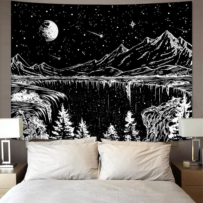 Zussun Black and White Tapestry Starry Night Mountain Tapestries for Bedroom Aesthetic Moon and Stars Tapastry's Wall Hanging Dark Nature Forest Wall Tapestry for Living Room Dorm (48'' × 36'')