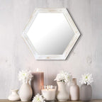 Stonebriar Decorative 24" Hexagon Wall Mirror with Worn White Wood Frame and Attached Hanging Bracket, Decorative Country Rustic Decor for the Living Room, Bedroom, Bathroom, Hallway, and Entryway