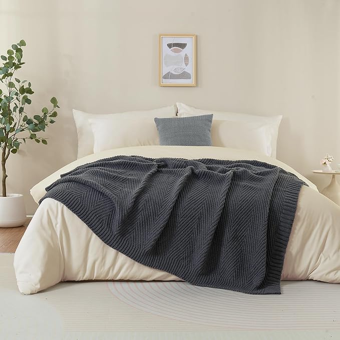 Knitted Throw Blanket 50"X60", Dark Grey Knit Throws for Bed, Super Soft Boho Chevron Blankets for Couch Sofa Chair Room Decor, Textured Decorative Farmhouse Cozy Lightweight