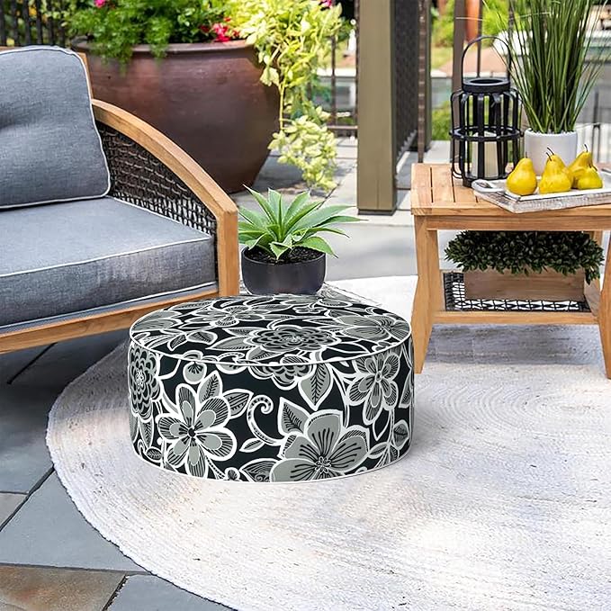 Indoor/Outdoor Inflatable Ottoman D21 x H9 inch, Round Footstool Inflatable Foot Rest Ottomans with Handle, Portable Ottoman Pouf for Patio, Garden, Camping, Home,Flower Black