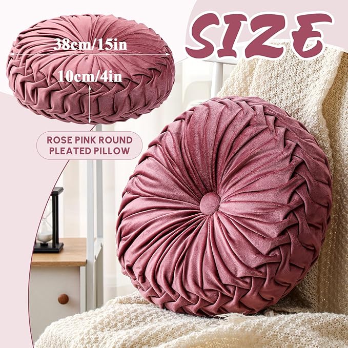 Round Throw Pillows Decorative Pleated Throw Pillows 15'' Diameter Accent Pumpkin Boho Chair Cushion for Couch Sofa Home Decoration(Dusty Rose,1 Pcs)