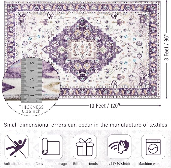 Amearea Vintage Design Area Rugs for Living Room, 8x10 Machine Washable Floral Collection Traditional Bedroom Rug, Low Pile Cute Kids Room Print Carpet, No Slip Office Kitchen Home Decor, Purple
