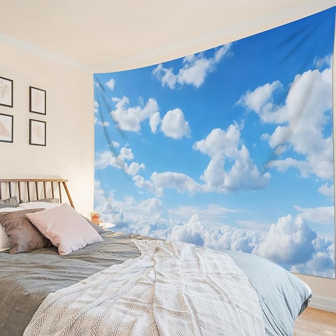 LB Blue Sky Cloud Tapestry Wall Hanging Modern Aesthetic Nature Landscape Wall Decor Blue and White Clouds Wall Art for Bedroom Living Room, Dorm 59Wx51L Inch