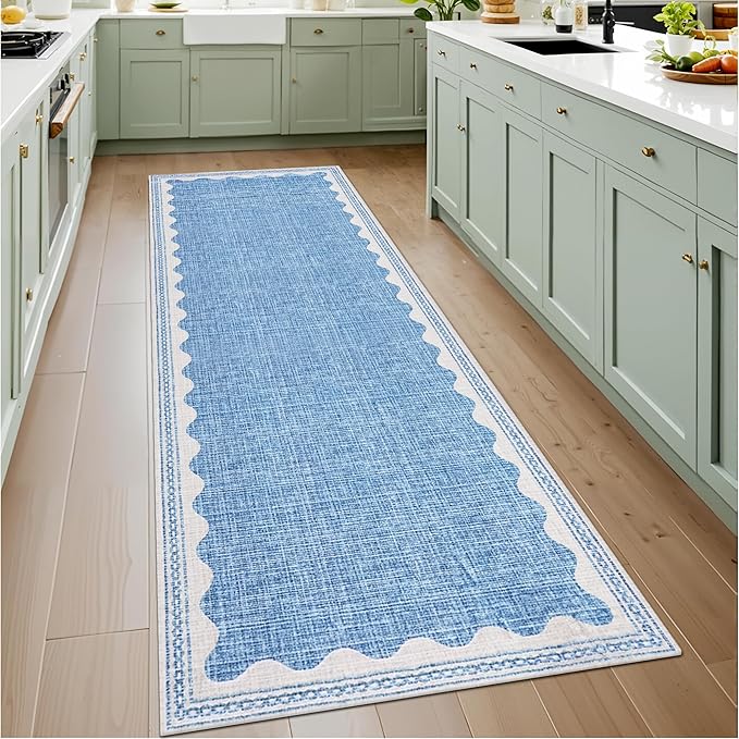 GarveeHome 2.5x8 Runner Rug for Hallway Washable Kitchen Rugs Non Slip Solid Blue Modern Minimalism Soft Low-Pile Scalloped Indoor Carpet for Entryway Laundry Room Floor Mats