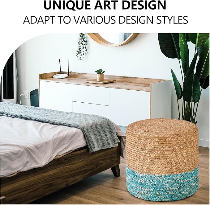 Wimarsbon 2Pcs Pouf Ottomans, Natural Seagrass Foot Stool, Hand Weaving Round Ottoman, Boho Decorative Seat, Jute Braided Pouffe Poof Accent Sitting Footrest for Living Room (18inch 68LK)