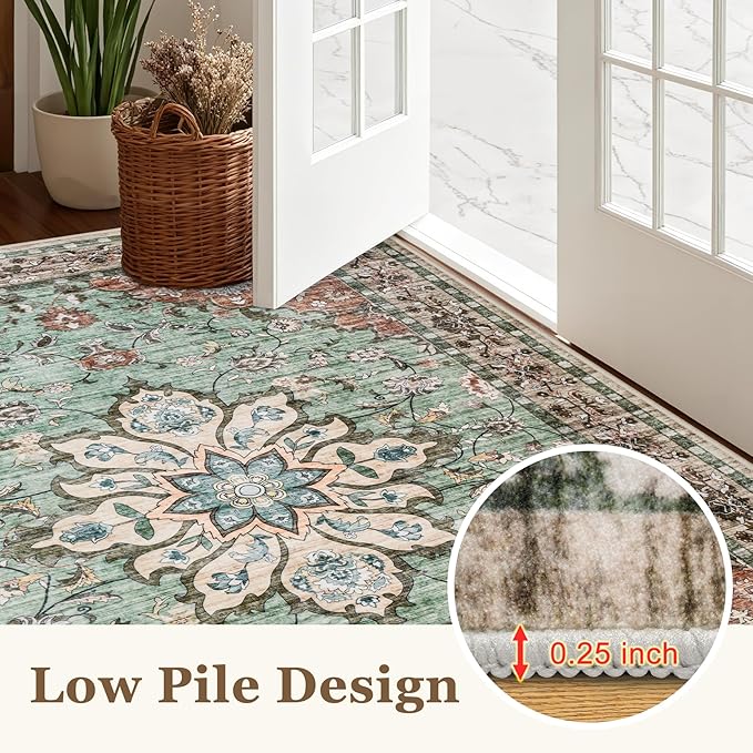 Area Rugs 10x14 Living Room Rug: Washable Rug Soft Vintage Distressed Floral Carpet Indoor Non-Slip Stain Resistant Large Carpets for Bedroom Dining Room Farmhouse Nursery Home Office Brown Green