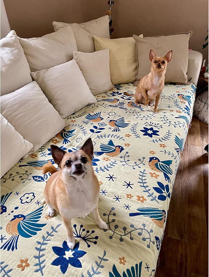 King Throw Blanket for Bed Couch,100% Organic Cotton Reversible Soft Quilt, Birds and Floral Breathable Lightweight Blankets,90"×108" Extra Large Sofa Throws for 3 4 Seater with Tassels,Teal