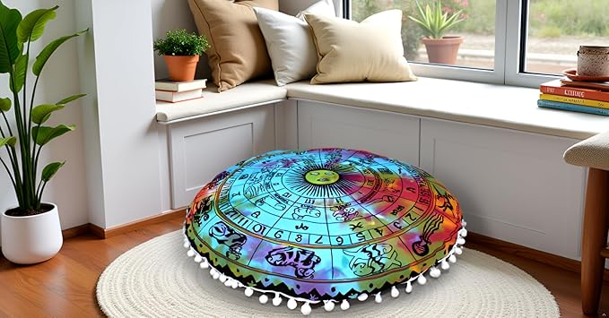 CRAFT KALA 32" Round Large Round Bohemian Floor Pillow Pouf Cover Mandala Meditation Room Pillow Cover for Adults Boho Seating Poufs Cushion Cover for Kids Playroom Multi Zodiac