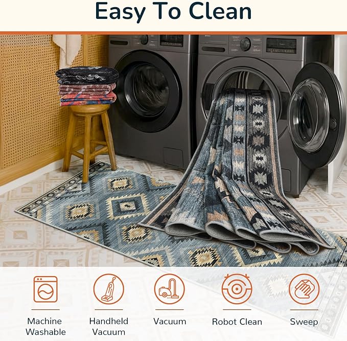 BESTSWEETIE Area Rug 9x12 Rug Machine Washable Non-Slip Low Pile Print Pattern Western Rug for Living Room Bedroom Navy/Grey
