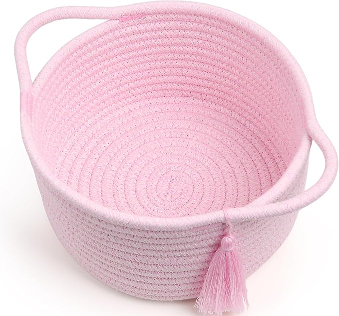 Small Cute Pink Gift Basket Empty to Fill — Mini Wicker Woven Cotton Rope Organizer 8"×4.7", Pastel Decorative Makeup Holder for Girls & Women, Bathroom, valentines/Desk Bin, Shower Gift by SweetMemo