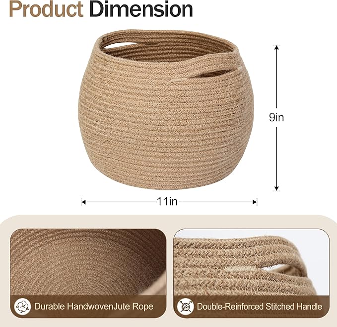 Decorative Wicker Storage Basket, 11" x 9" Indoor Plant Basket for Home Decor, Round Woven Dog Cat Toy Bin with Handle, Bathroom Towel Storage, Jute Planter Holder, Shelf Closet Organizer