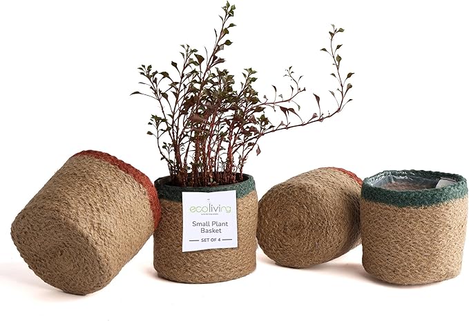 Jute Planter Basket-Woven Jute Rope Covers for Decorating Indoor/Outdoor Succulents, Small Plant Pots-Set of 4-Multi-Purpose Storage Bins 4.5 in - Modern Style Décor - Red, Green & Natural