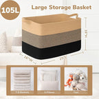 Goodpick 105L Extra Large Blanket Basket 25" x 16" x 16" Cotton Rope Storage Baskets for Organizing, Wicker Laundry Basket with Handles, Rectangle Woven Baskets for Storage, Black & Jute