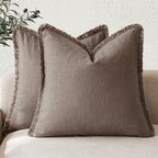 Foindtower Set of 2 Decorative Linen Fringe Throw Pillow Covers Cozy Farmhouse Cushion Cover with Tassels Accent Pillowcase for Couch Chair Sofa Bed Living Room Home Decor,16×16 Inch,Light Coffee