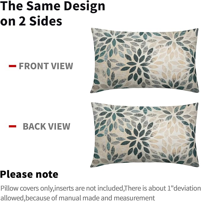 Kawani Teal Dahlia Lumbar Pillow Covers 12X20 Inch Turquoise Geometric Flower Decorative Pillow Cases Set of 2 Beige Tan Gray Floral Throw Pillows for Cushion Sofa Couch Farmhouse Outdoor