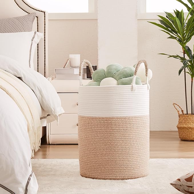 60L Hamper Laundry Basket Tall Woven Clothes Hamper for Baby Girls Nursery Kids Cotton Rope Blanket Basket in Living Room Bathroom Bedroom Brown 15Dx20H inches Large