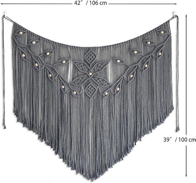 Youngeast Macrame Wall Hanging Large Macrame Curtains Leaf Shape Beads Wall Decor Boho Tassel Wall Art Woven Tapestry Headboard Backdrop Gray