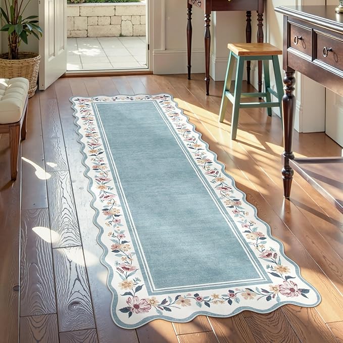 Lahome Floral Blue 2x6 Runner Rug for Hallway,Scalloped Washable Rug Runner Non Slip Kitchen Rugs Ultra-Thin Stain Resistant Boho Carpet Runner for Laundry Bathroom Bedroom Ariele