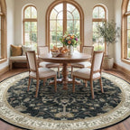 Area Rugs Round 8ft Washable Non-Slip, Floral Vintage Distress Print Pattern Medallion Carpet for Living Room Bedroom Dining Room, Vintage Black Brown Neutral