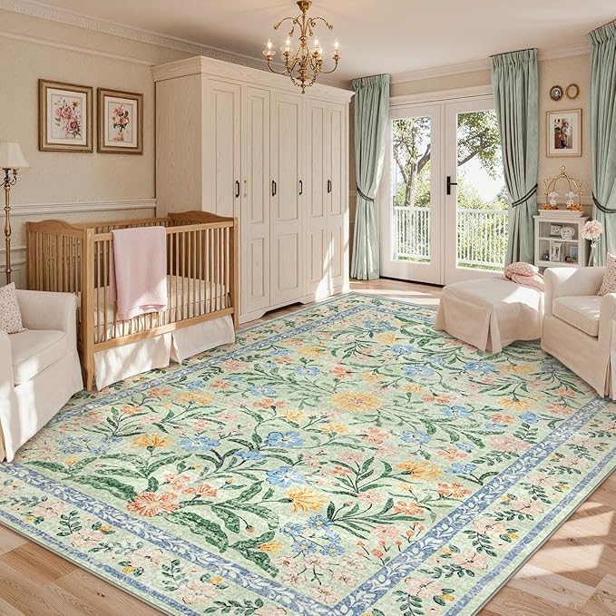 Lahome Sylvie Boho Light Green Large Area Rugs for Bedroom 9x12, Floral Washable Rugs Living Room, Soft Non-Slip Thin Rug for Nursery Kids Playroom Tween Girls Home, Tea Green