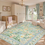 Lahome Sylvie Boho Light Green Large Area Rugs for Bedroom 9x12, Floral Washable Rugs Living Room, Soft Non-Slip Thin Rug for Nursery Kids Playroom Tween Girls Home, Tea Green