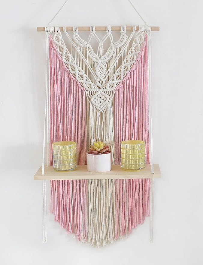 Macrame Wall Hanging Shelf Pink Floating Shelves Rope Shelf for Hanging Plants Pink Boho Decor for Bedroom Living Room, Gift for Housewarming, 1 Tier