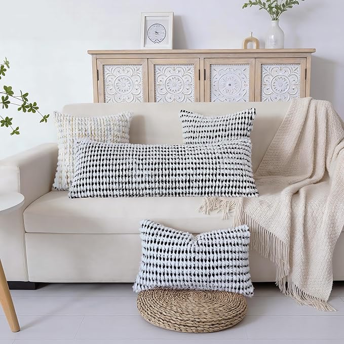 Boho Chenille Tufted Pillow Cover 14x36 Inch Set of 1, Farmhouse Striped Decorative Pillow Covers Accent Fluffy Neutral Long Body Bolster Pillow for Couch Sofa Bedroom Living Room, Black White