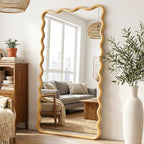 Wavy Mirror for Wall, 55"x28" Boho Wavy Wood Mirror Large Full Length Decorative Mirror with Tempered Glass, Natural Wooden Frame Vanity Mirror for Bedroom, Living Room, Entryway