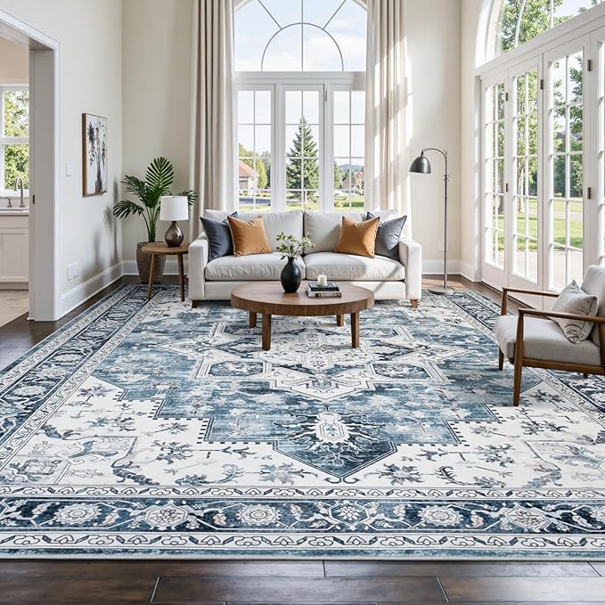 Lessymo 9×12 Area Rugs Washable for Living Room, Large Soft Indoor Rug Non-Slip for Bedroom Kitchen Dining Room Dorm Nursery, Vintage Boho Carpet Stain Resistant for Office Home Decor, Blue/White